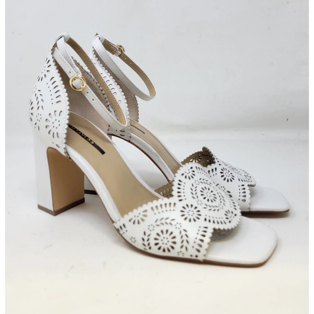 Ann Taylor White Laser-Cut Block Heel Sandals